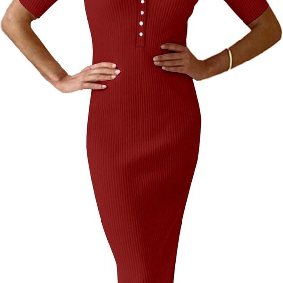 Women's Ribbed Knit V Neck Midi Dress Short Sleeve Bodycon For Casual Wear - Picture 1 of 5